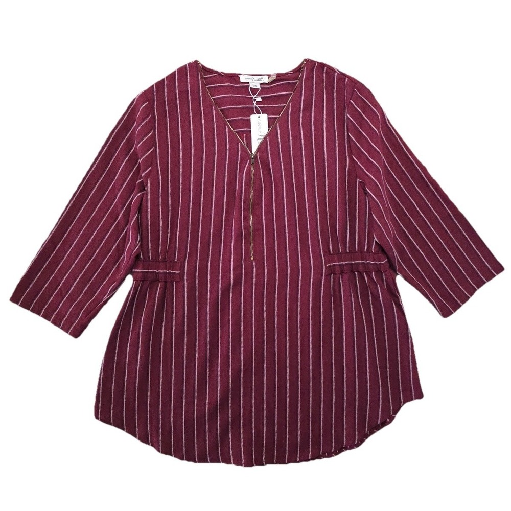 Simply Noelle Blouse Women's L/XL 12-14 Red Striped‎ Zipper V Neck  Boho NEW